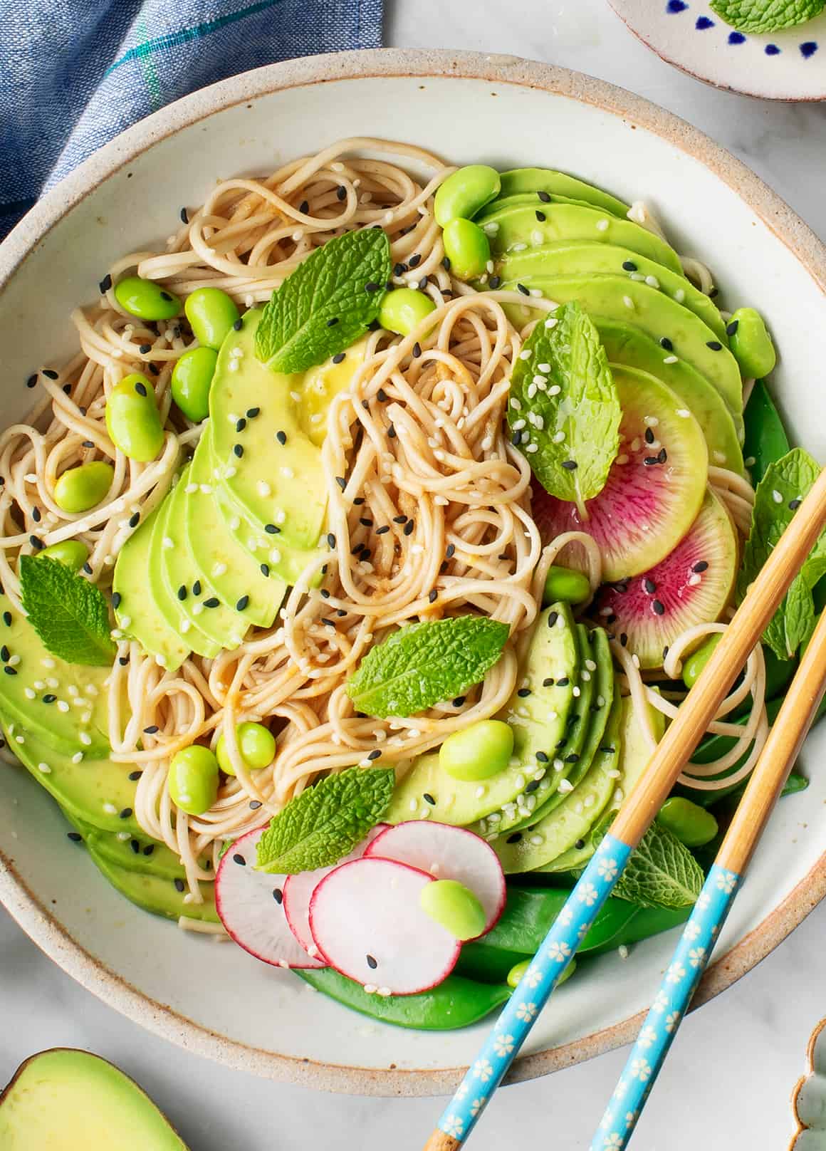 Spring salad with avocado, radishes, and asparagus